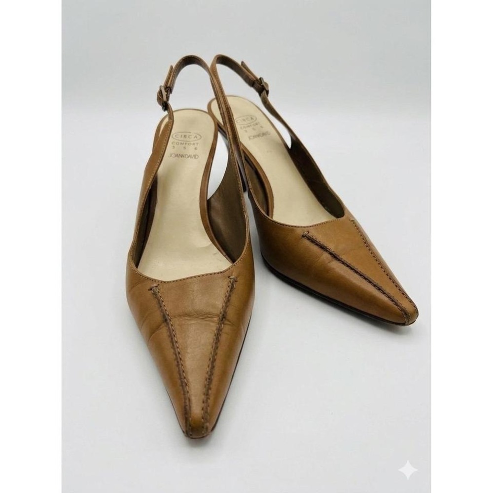Joan & David Circa 8 Preppy Brown Leather Pointed Toe Slingback Kitten Heels